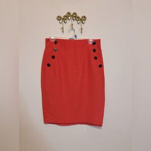 Ann Taylor Vibrant Orange/Red Pencil Skirt with Sailor Button Accents.  Size 4